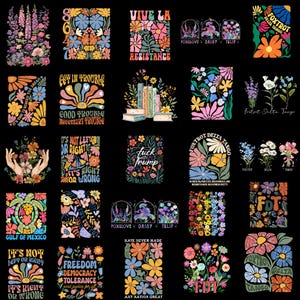 Puede incluir: Un collage de 20 ilustraciones digitales coloridas con diseños florales y texto. El texto incluye frases como "Vive La Resistance", "Got in Trouble", "It's Not Left or Right", "Freedom Democracy Tolerance", y "Fox Trot Delta Tango".