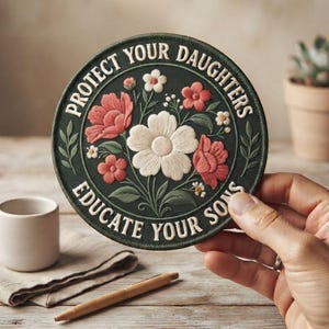 Pode incluir: Um emblema bordado circular com fundo verde escuro apresentando um arranjo floral central de flores brancas e cor de coral com folhas verdes. O texto "PROTECT YOUR DAUGHTERS" e "EDUCATE YOUR SONS" está bordado em branco na borda.