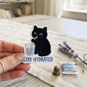 Könnte beinhalten: Ein gestickter Aufnäher mit einem schwarzen Katzenmotiv, die mit einem Strohhalm aus einem Glas trinkt. Die Katze hat weiße Augen und eine rosa Zunge. Unter der Katze ist der Text STAY HYDRATED in blauem Garn gestickt. Der Aufnäher hat einen weißen Rand.