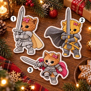 Knight Cat with Sword Embroidered Patch, Cute Warrior Kitten Iron On Applique, Fantasy RPG Gamer Badge, Jacket Backpack Custom Patch