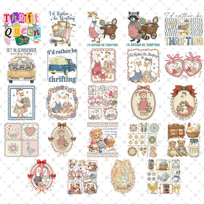 May include: A collection of whimsical illustrations featuring various characters like geese, raccoons, and bears, along with text that reads "I'd Rather Be Thrifting" and "Thrift Queen". The designs include shopping carts, trucks, and decorative frames.