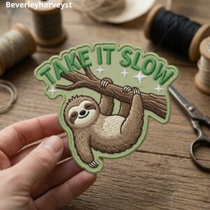 Könnte beinhalten: Ein gestickter Aufnäher mit einem braunen Faultier, das an einem braunen Ast vor einem hellgrünen Hintergrund hängt. Der Text "TAKE IT SLOW" ist in grünen Buchstaben über dem Faultier gestickt und mit kleinen weißen Sternen verziert.
