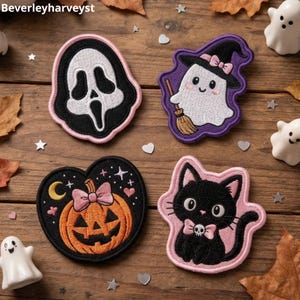 Spooky Cute Halloween Embroidered Patch Set, Pink Pastel Ghost and Black Cat Iron On Patch, Spooky Season Applique, Horror Movie Patch