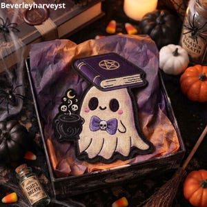 Witch Ghost Embroidered Patch, Spooky Iron On Patch, Cute Halloween Applique, Gothic Magic Book Badge, Spooky Season Gift