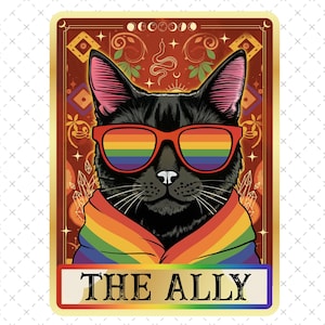 L'allié chat noir carte de tarot PNG, téléchargement numérique fierté LGBTQ, art esthétique sorcière queer, allié magique des cliparts chat, mois de la fierté Png