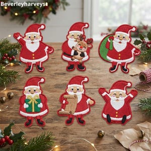 May include: A set of six embroidered Santa Claus patches featuring various poses, including holding a reindeer, a green sack, a gift, and a scroll. Each patch displays a red suit, white trim, and black boots, rendered in detailed thread work.