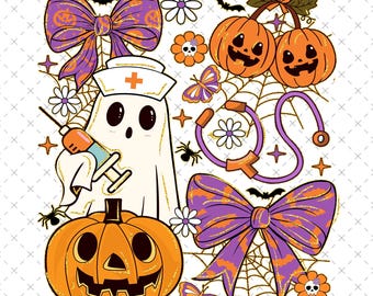 Verpleegkundige Halloween-coquette png, schattige griezelige verpleegster shirtontwerp, grappige spookverpleegster png, preppy halloween verpleegster png, sublimatie verpleegkundige spoedafdeling