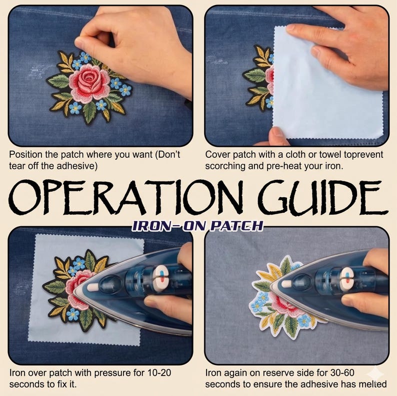 Pode incluir: Um guia de aplica&ccedil;&atilde;o de patch termocolante. O guia mostra como aplicar um patch floral no tecido. As etapas incluem posicionar o patch, cobri-lo com um pano, passar a ferro a frente e passar a ferro o verso. O texto "OPERATION GUIDE" &eacute; exibido.