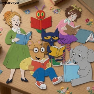 May include: A collection of flat, illustrated character cutouts including a person in a green dress, a caterpillar, a cat, a person in a pink top, an aardvark, and an elephant, all reading books. The text Beverleyharveyst appears in the top left corner.