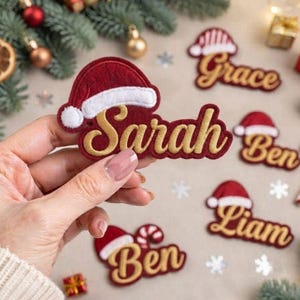 Custom Name Christmas Hat Embroidered Patch, Personalized Holiday Iron On Applique, Winter Name Badge, Jacket Backpack Custom Patch
