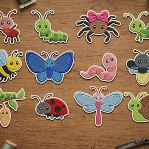 May include: A collection of twelve embroidered insect and arachnid patches featuring a red ant, green caterpillar, brown spider with a pink bow, green grasshopper, yellow bee, blue butterfly, pink worm, firefly, green caterpillar on a branch, ladybug, dragonfly, and a snail.