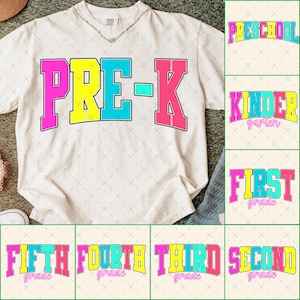 Retro Back to School PNG Neon Disstressed Bundle, Coquette Kindergarten Pre-K 1st 2nd 3rd 4th Grade Png, Girly Pink Bow, Hand Drawn,Colorful