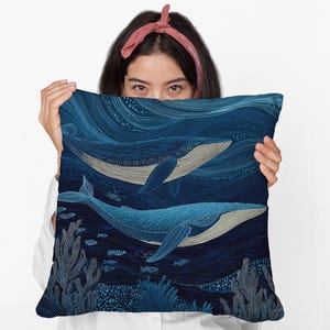 Blue Whale Spun Polyester Square Pillow – Sea Life Coastal Throw Pillow, Ocean-Themed Cushion for Nautical Beach House Home Decor Gift Idea