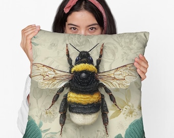 Cojín de abejorro estilo William Morris, diseño de abeja, diseño floral vintage, con insectos botánicos, decorativo para sala de estar o dormitorio.