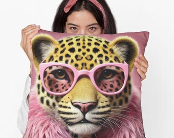 Cojín elegante con estampado de leopardo rosa / Cojín con estampado animal para sofá o cama / Regalo de decoración moderna para amantes de la moda y espacios atrevidos