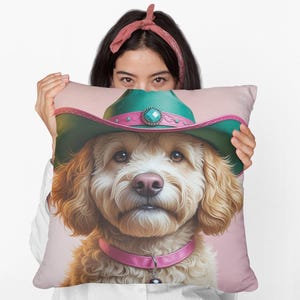 Cute Cowboy Goldendoodle Dog Throw Pillow | Western Dog Pillow for Dog Lovers | Rustic Goldendoodle Decor | Funny Country Pet Cushion