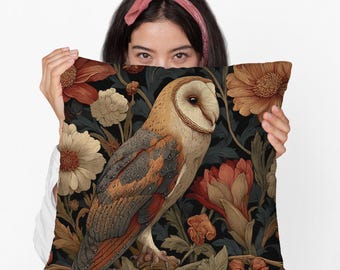 Woodland Owl Spun Polyester Square Pillow – William Morris Inspired Throw Pillow, Cottagecore Forest Decorative Cushion, Cozy Home Decor