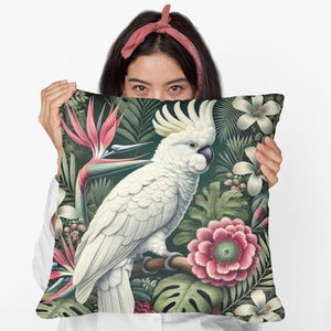 Cojín cuadrado de cacatúa / Cojín decorativo de pájaro tropical / Acento de poliéster hilado / Cojín con arte de loro exótico / Idea de regalo de naturaleza vibrante