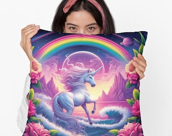 Enchanting Unicorn with Rainbow Throw Pillow | Whimsical Fantasy Cushion for Sofa or Bed | Magical Decor Gift for Unicorn & Dream Lovers