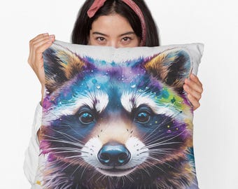 Colorful Raccoon Throw Pillow | Vibrant Animal Cushion | Woodland Creature Decor | Nature-Inspired Accent for Home or Cabin | Animal Lovers