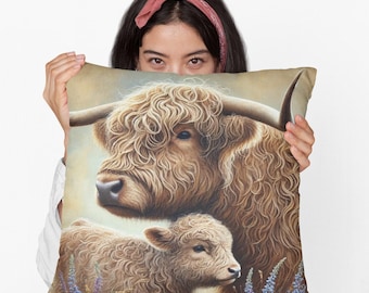 Highland Cow and Calf Pillow Throw | Rustic Farm Animal Throw Pillow | Cute Calf Cow Decor | Cozy Scottish Highland Cattle Cushion Gift