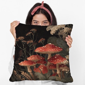Cottagecore Mushrooms Spun Polyester Square Pillow – Botanical Art Throw Pillow for Cozy Decor, Woodland Vibes, and Nature Lovers Gift Idea