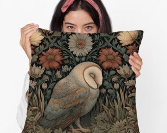 Forest Barn Owl Spun Polyester Square Pillow – William Morris Inspired Throw Pillow, Woodland Decorative Cushion, Cottagecore Home Decor