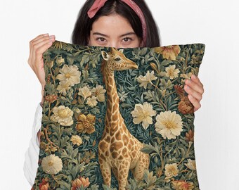 Cuscino quadrato in poliestere filato con giraffa floreale della foresta - Cuscino decorativo con motivo a forma di animale, per un regalo con decorazioni botaniche e boschive