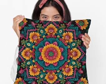 Kleurrijk vierkant boho-gesponnen polyester kussen – Levendig boho-sierkussen voor een eclectisch decor, artistieke accenten en een gezellig cadeau in huisstijl