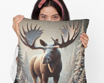 Winter Moose Cushion Cover | Cozy Seasonal Throw Pillow for Sofa or Bed | Holiday Home Decor Gift for Wildlife Lovers & Rustic Vibes