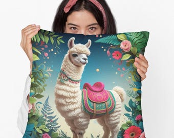Whimsical Llama Throw Pillow | Fun Animal Cushion for Sofa or Bed | Boho Home Decor Gift for Llama Lovers & Playful Living Spaces
