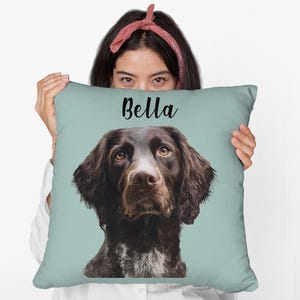 May include: A square, light blue pillow featuring a portrait of a brown dog with the name "Bella" in black script. The dog has brown fur and eyes, with white markings on its chest. The pillow is held up by a person.