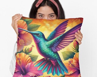 Hummingbird Lumbar Throw Pillow | Colorful Bird Cushion for Sofa or Bed | Nature-Inspired Decor | Gift for Hummingbird & Birdwatching Lovers