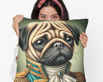 パグの枕カバー、シルクハットと片眼鏡が付いたかわいい犬用クッション