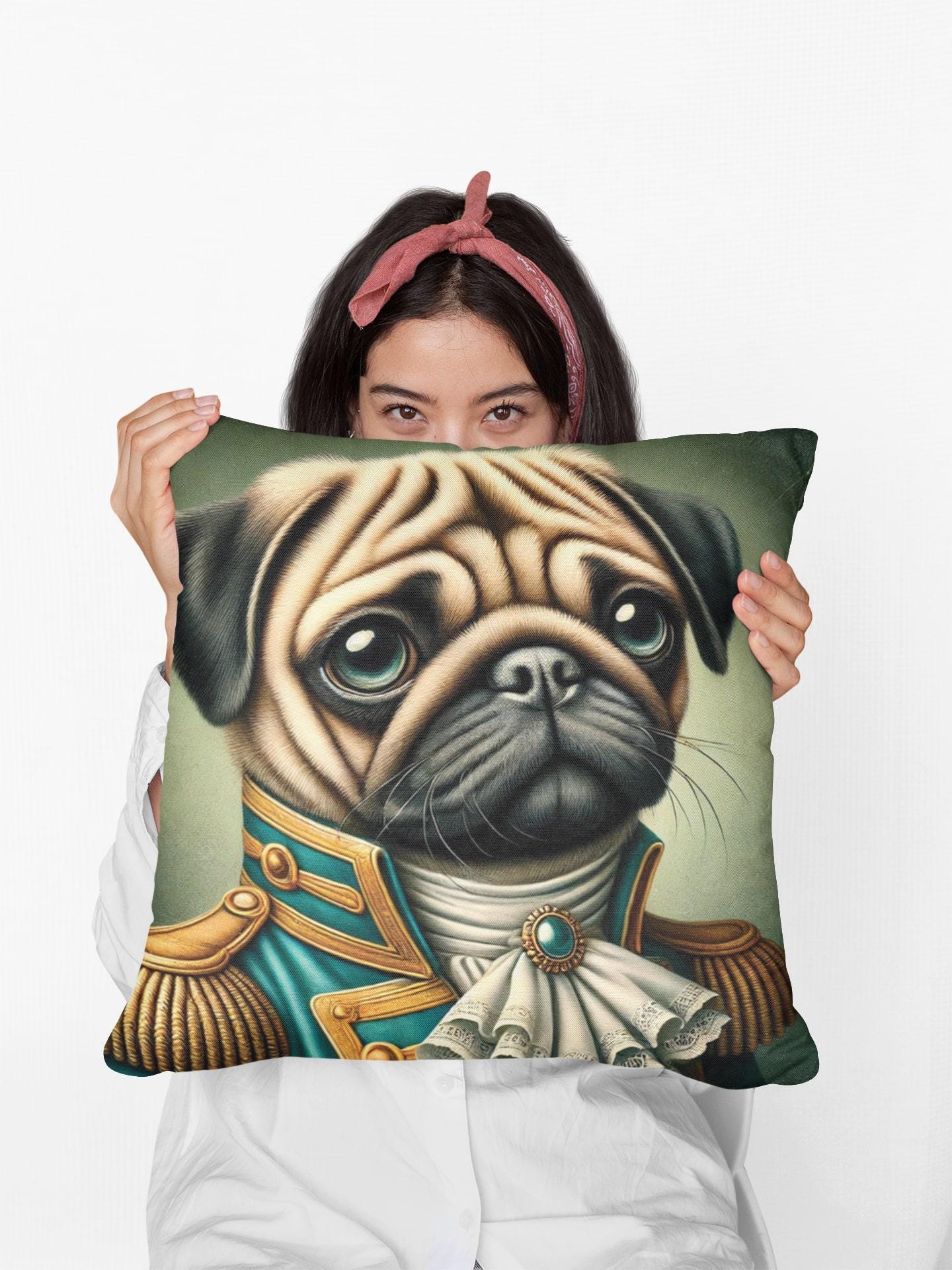 Majestic Pug in Uniform Throw Pillow Cute Pug Dog Cushion for