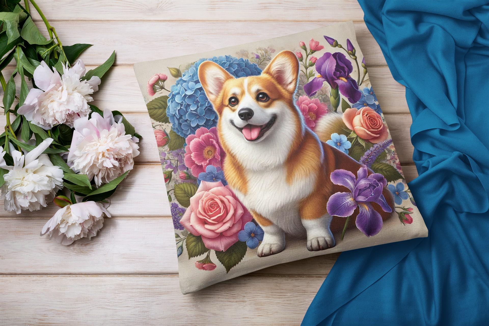 花柄コーギークッション | かわいいコーギー犬のクッションカバー