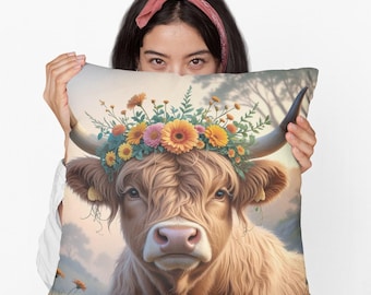 Highland Cow Throw Pillow | Rustic Farmhouse Animal Cushion for Sofa or Bed | Scottish Cow Art Decor | Gift for Cow & Farmhouse Lovers