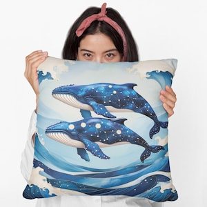 Whales Throw Pillow | Ocean-Inspired Cushion Cover | Marine Life Home Decor Accent | Coastal Sofa or Bed Pillow | Unique Whale Art Gift