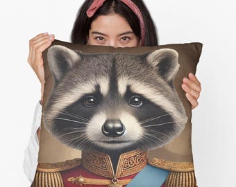 Majestic Raccoon in Uniform Throw Pillow | Spun Polyester Animal Cushion | Cute Woodland Decor | Funny Raccoon Art for Home | Unique Gift