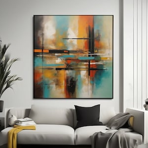 Abstract printable wall art, shades of green, black and orange art, mid century modern art, sage green, geometrical shapes