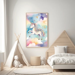 Arte de unicornio imprimible, decoración de la habitación de las niñas, brillo dorado de unicornio, estampados de unicornio, rubor rosa, arco iris de nubes, oro