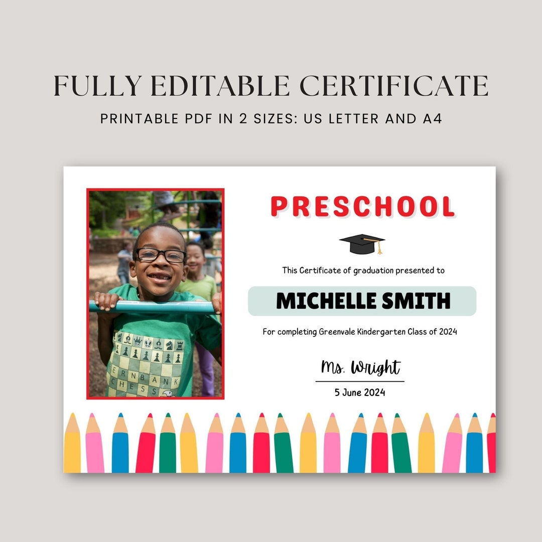 Editable Preschool Diploma With Photo Editable Kindergarten Diploma ...