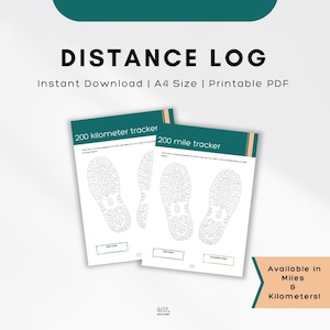 Peut inclure: Un journal de distance imprimable avec le texte "DISTANCE LOG" et "Instant Download | A4 Size | Printable PDF." Le design comprend un suivi de 200 kilomètres et un suivi de 200 miles, avec des empreintes de chaussures. Disponible en miles et kilomètres.