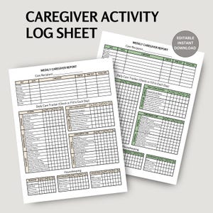 Op de afbeelding: Afdrukbare logboek voor activiteiten van verzorgers met een wekelijks verslag van verzorgers en een dagelijkse zorgtracker. Het blad bevat secties voor ondersteuning in het dagelijks leven, gezondheidszorg, verrijking van de zorg en huishoudelijke taken. Het blad is bewerkbaar en kan direct worden gedownload.