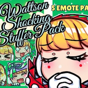 May include: Digital art featuring a blonde anime-style character with a festive red and green outfit. The image includes the text "Wattson Shocking Stuffer Pack" and "5 Emote Pack". The background is green with white and red accents.