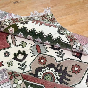 Area Rug Colorful Oushak Rug 9x12 White Blue Handmade Vintage Soft Wool Rug turkish moder oushak Rug kids Living Room and Bedroom Rug.