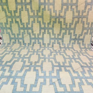 Handmade Oushak Wool Rug: Cream Beige & Blue Turkish Knot