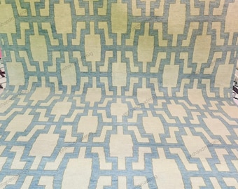 Handmade Oushak Wool Rug: Cream Beige & Blue Turkish Knot