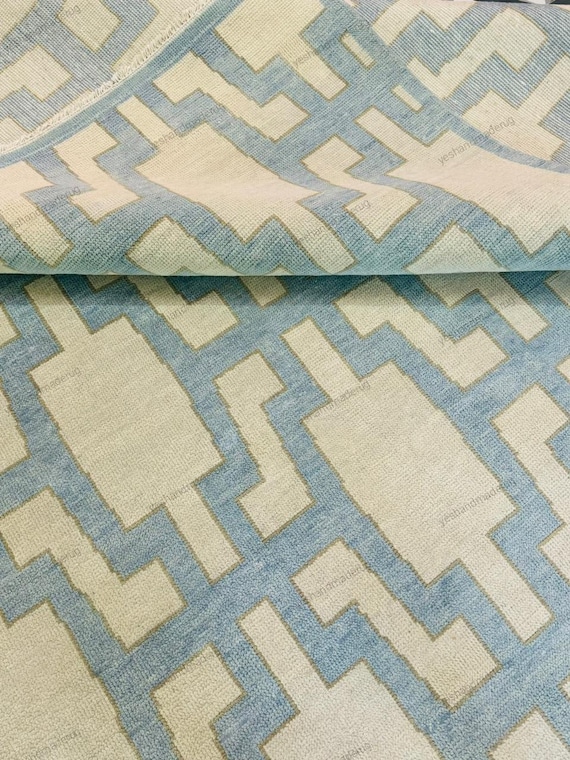 Modern Oushak Rug 8X10 9X12 10x10 Turkish style Design, HandKnotted Wool Beige & Navy Blue Accents Handmade in indian Rug For Living Room.