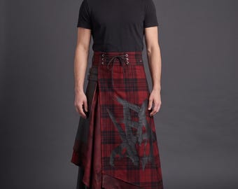 Asymmetric Tartan Leather Kilt, Men's Maxi Wrap Skirt, Red Wool Avant Garde Kilt, Gothic Streetwear Draped Skirt